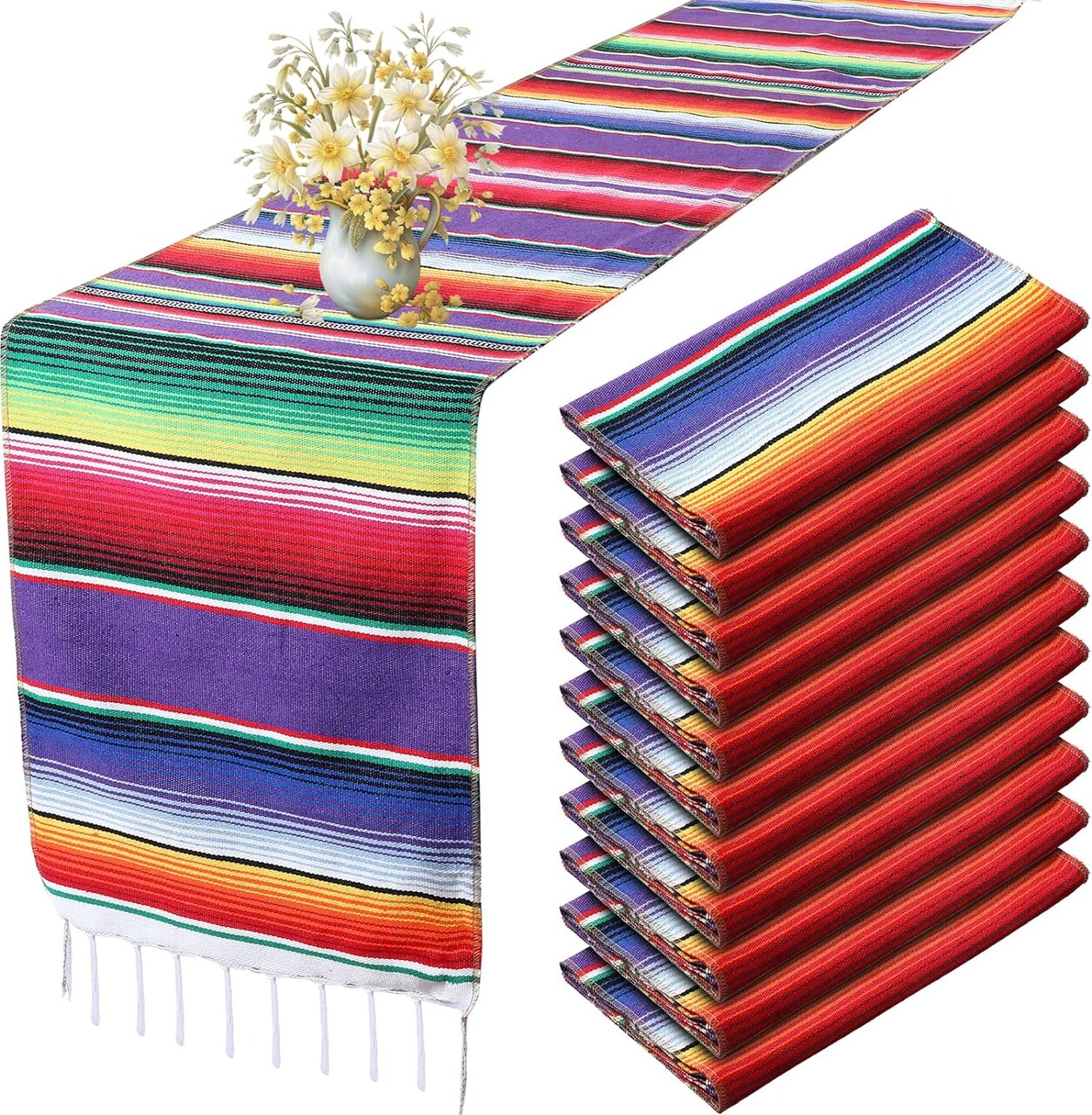 12 Pcs Mexican Table Runners 14 x 84 Inch Mexican Serape Table Runner Decor Blanket Fringe Cotton Table Runner Decoration for Cinco De Mayo Party Wedding(Classic Style)